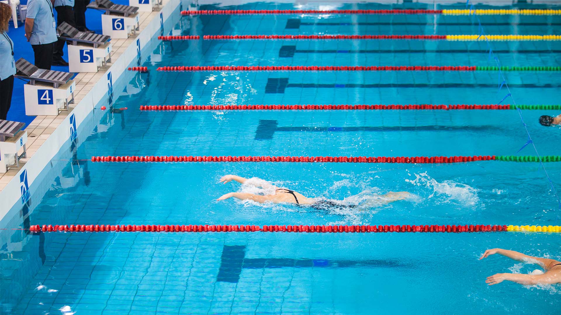 Competition_swimming_pool An olympic sized swimming pool with a swimmer in it