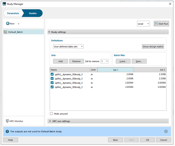 Study Manager parameters settings for the Boom Actuator to Boom pin